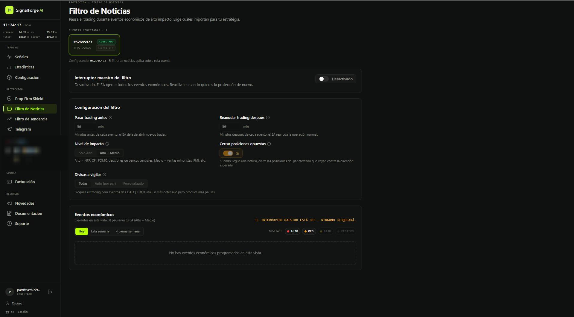 Pantalla del Filtro de Noticias del Dashboard, con minutos antes y después, nivel de impacto, cerrar posiciones opuestas, divisas a vigilar y calendario de eventos económicos.