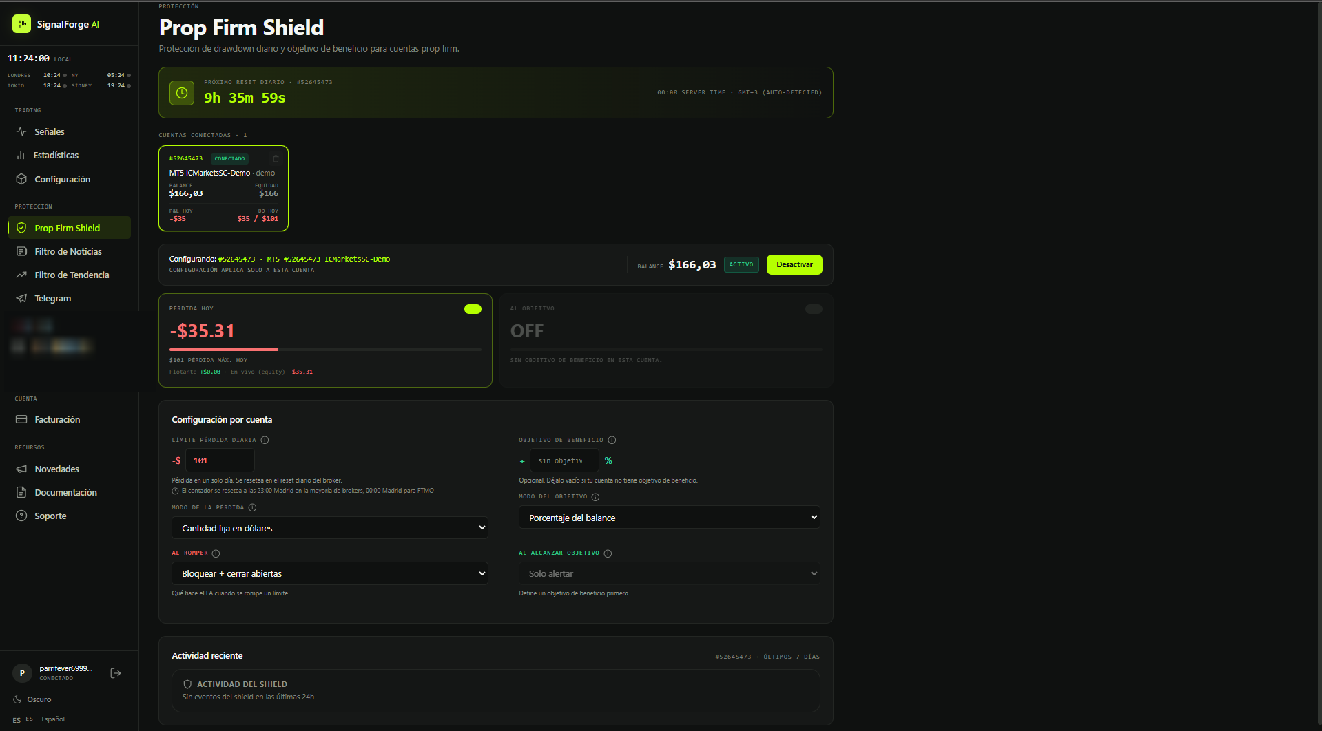 Pantalla de Prop Firm Shield en el Dashboard, con cuenta atrás del reset diario, pérdida de hoy y configuración por cuenta.