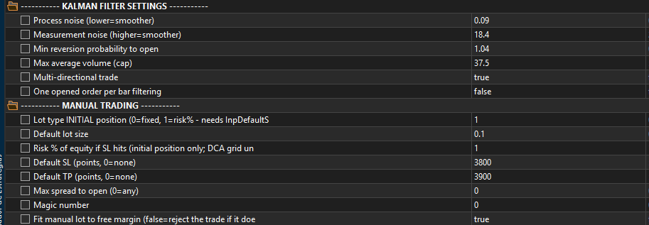 F7 inputs panel: Kalman filter settings and manual trading