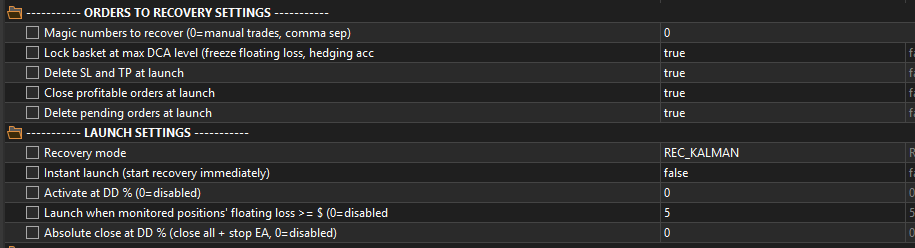 F7 inputs panel: Orders to recovery settings and Launch settings