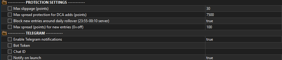 F7 inputs panel: Protection settings and Telegram