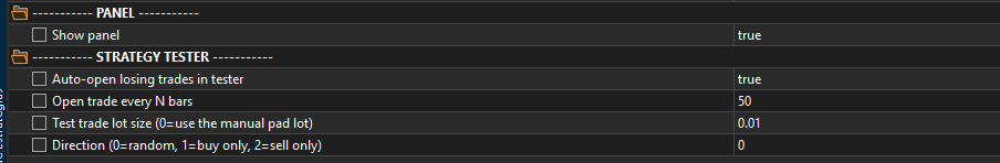 F7 inputs panel: Panel and Strategy Tester settings