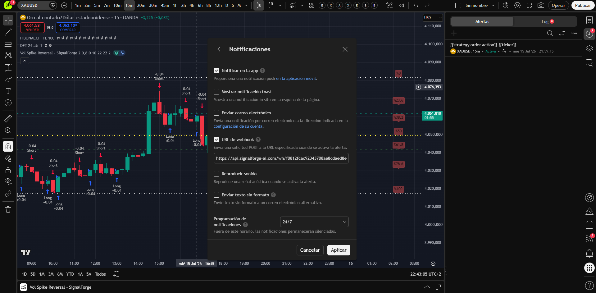 Pestaña Notificaciones de la alerta en TradingView con el campo webhook URL marcado