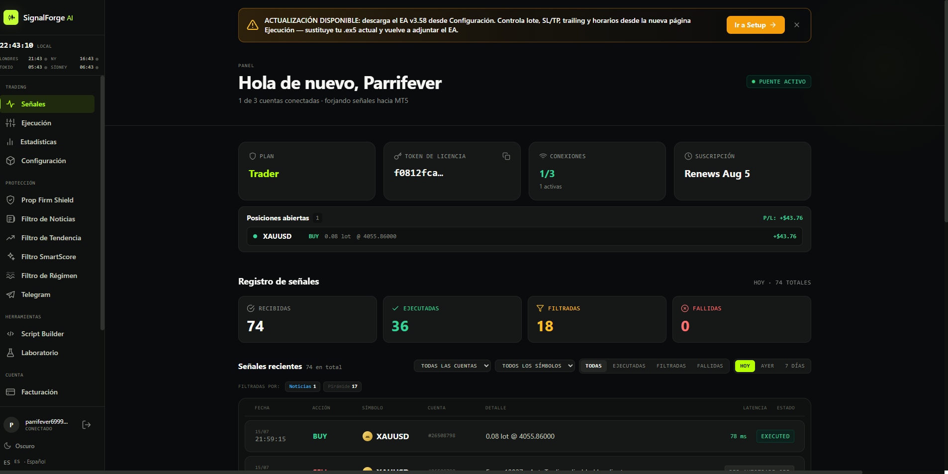Panel de SignalForge mostrando la cuenta MT5 conectada y las señales ejecutándose